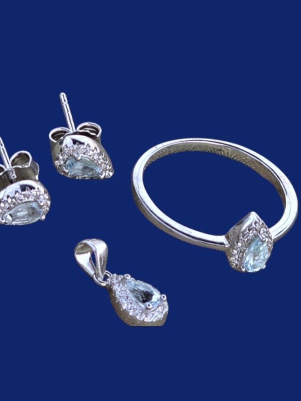 925 Sterling Silver SET (Ring, Earrings, Pendant) with Natural Aquamarine & Cz